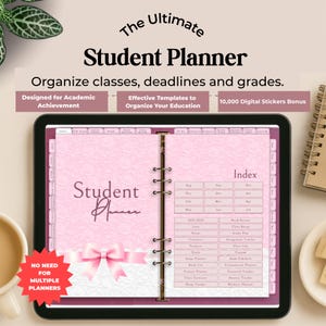 Op de afbeelding: Een digitale studentenplanner weergegeven op een tablet. De planner is roze met een strik en de woorden "Student Planner". De tekst "The Ultimate Student Planner" staat bovenaan. Extra tekst is "Organiseer lessen, deadlines en cijfers."