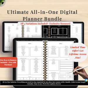 May include: Digital planner bundle displayed on tablets, featuring various sections like productivity, finance, and wellness. The text reads "Ultimate All-in-One Digital Planner Bundle" with a limited-time offer for lifetime access.