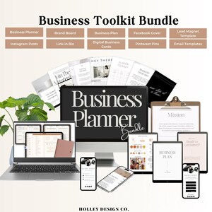 May include: A digital marketing toolkit bundle with a variety of templates and resources for business owners. The bundle includes a business planner, brand board, business plan, Facebook cover, lead magnet template, Instagram posts, link in bio, digital business cards, Pinterest pins, and email templates. The image features a laptop, phone, and tablet displaying different elements of the toolkit.