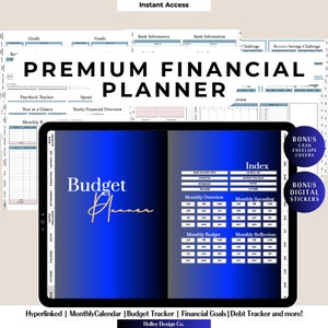 May include: A digital planner with a blue and silver cover that says "Budget Planner" in gold lettering. The planner includes sections for tracking finances, setting goals, and managing debt. It also includes bonus cash envelope covers and digital stickers.