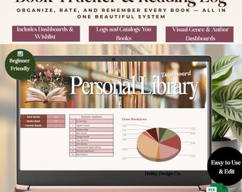 Registro de lectura/Hoja de cálculo de seguimiento de libros para biblioteca personal, reto de lectura, reseñas de libros, catálogo de biblioteca, seguimiento de préstamos y regalos.