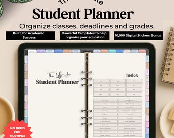 以下が含まれることがあります： タブレットに表示されたデジタル学生プランナー。「The Ultimate Student Planner」と「授業、締め切り、成績を整理」というテキストが表示されています。テンプレート、デジタルステッカー、インデックスが含まれています。