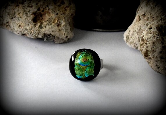 Adjustable dichroic ring/glass jewel/green dichroic glass with blue tones