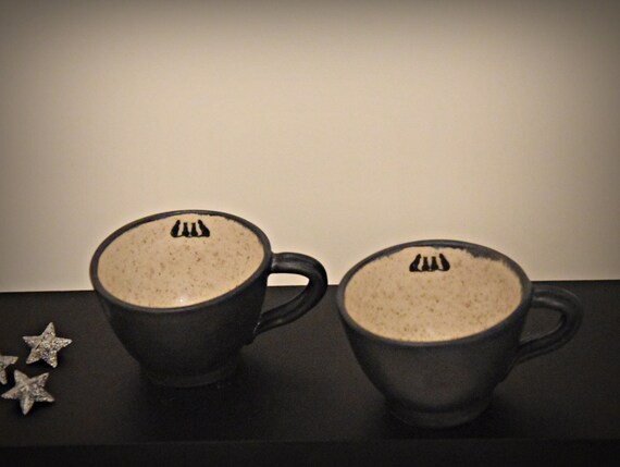 Unique Handmade ceramic Espresso bags/stoneware/decal "Four Black Cats"/signed.