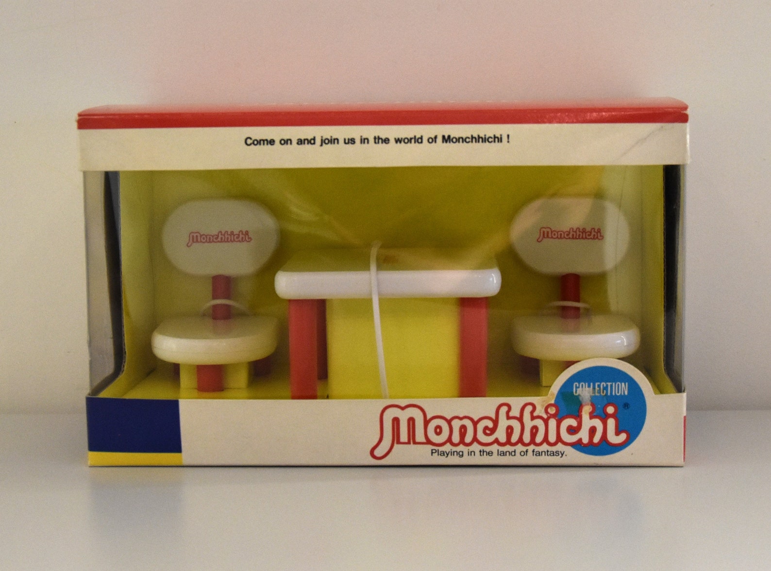 Rare vintage plastic furniture Monchhichi / Table and 2 chairs / #09585 / Collection Series / NRFB / Sekiguchi /