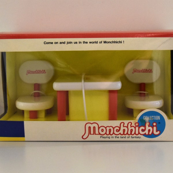 Rare vintage plastic furniture Monchhichi / Table and 2 chairs / #09585 / Collection Series / NRFB / Sekiguchi / Made in China