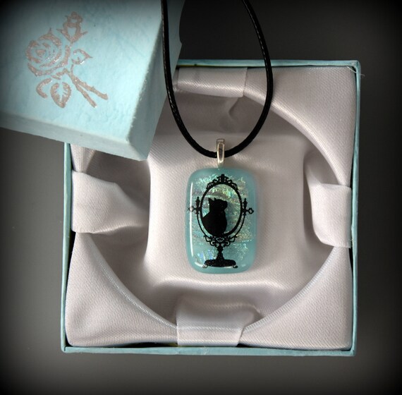 Dichroic Glass pendant-glass jewel with decal cat/puss/Turquoise/cat Lover Gift