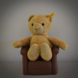 May include: A brown teddy bear sitting in a brown armchair. The teddy bear has a yellow button on its ear with the text "Steiff" on it.