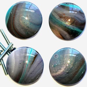 Hand Painted Swirl Agate Knobs Lavender Gray Turquoise Resin Finish Set of 4
