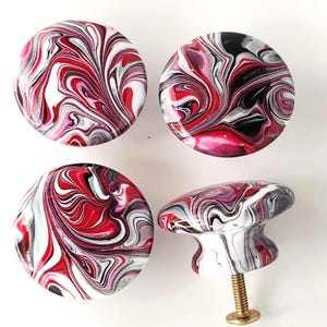Hand Painted Rose Red Black Agate Look Cabinet Knobs Resin Finish Drawer Pulls