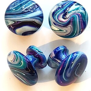 Hand Painted Swirl Cabinet Knobs  Blue White Turquoise Purple  Wooden Drawer Pulls, Resin Finish