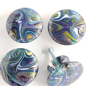 Peacock Shimmer Cabinet Knobs Metallic Swirlings Purple Blue Teal Green Resin Drawer Pulls Luxury Hardware Hand Painted