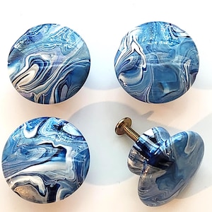 Hand Painted Fluid Art Wood Knobs Blue Agate Geode Series Resin Cabinet Pulls Dresser Hardware