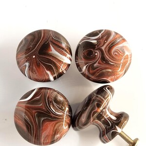 Metallic Copper Silver Fluid Art Wood Knobs Brown Bronze White Swirl Resin Cabinet Pulls, Dresser Hardware