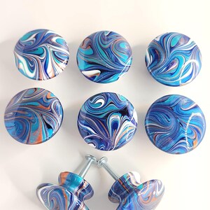 Coastal Ocean Blue Swirl Hand Painted Wood Knobs Luxury Turquoise Resin Cabinet Pulls Hand Painted Sea Dresser Hardware Set of 6 or 8