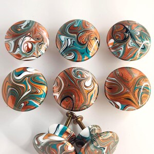 Copper and Teal Fluid Art Resin Coastal Cabinet Knobs Hand Painted Wood Drawer Pulls Luxury Cabinet Knobs Set of 6 or 8
