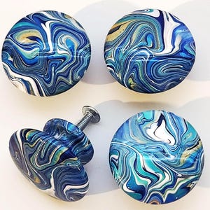 Turquoise Gold Blue Navy White Coastal Swirling Hand Painted Wood Knobs, Cabinet Pulls, Dresser Hardware, Agate Beachy Look
