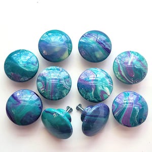 Hand Painted Cabinet Knob Turquoise Blue Purple Swirl Resin Finish Set of 10