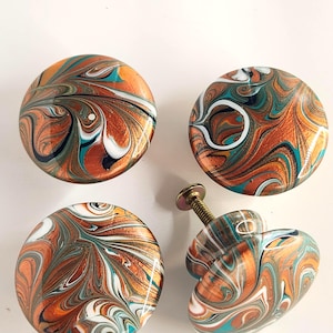 Copper and Teal Swirl Cabinet Knobs Hand Painted Wood Drawer Pulls Luxury Hardware