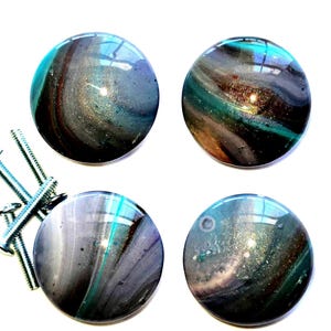 Lavender Gray Turquoise Hand Painted Knobs Swirling Resin Finish Set of 4