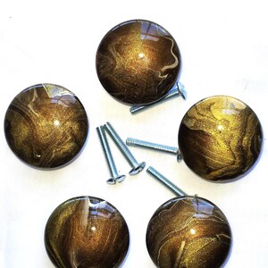 Hand Painted Marbled Knobs Gold Brown White Metallic Resin Finish Set of 5