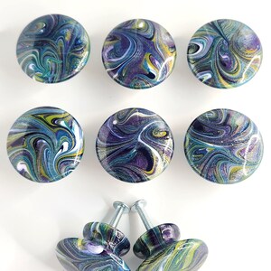 Set of 8 Peacock Shimmer Cabinet Knobs Metallic Swirlings Purple Blue Teal Green Resin Drawer Pulls Luxury Hardware Hand Painted
