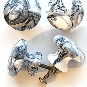 Hand Painted Wooden Cabinet Knobs / Silver White  Black Resin Swirling Marble Look