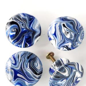 Hand Painted Royal Blue Agate Look Cabinet Knobs, Resin Drawer Pulls Black Silver Knobs