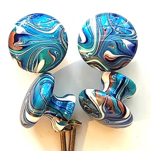 Coastal Ocean Blue Fluid Art Wood Knobs/Luxury Turquoise Resin Cabinet Pulls, Hand Painted Sea Swirl Statement Dresser Hardware