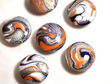 Hand Painted Wooden KnobsResin Finish Set of 6 Purple Orange Silver Swirl