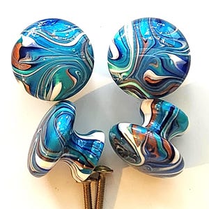 Hand Painted Swirl Cabinet Knobs Swirls  Turquoise White  Blue Wooden Drawer Pulls /Resin Finish
