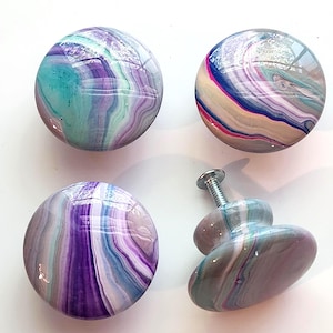 Hand Painted Wooden Cabinet Knobs Geode Agate Light Gray Lavender Pink Blue Whimsical Boho Dresser Hardware