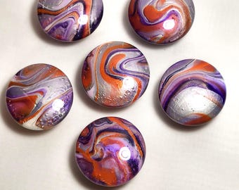 Hand Painted Knobs Purple Orange  Silver Swirl Resin Finish Set of 6