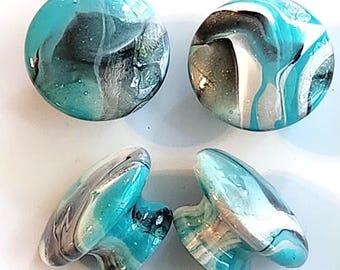 Hand Painted Cabinet Knobs Turquoise Black Silver Resin Sealed