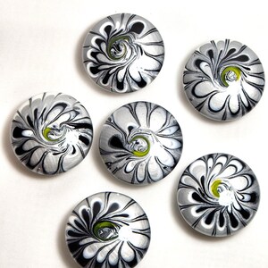 Hand Painted Knobs Black White Yellow Flower Swirl Resin Finish Set of 6