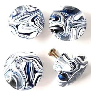 Hand Painted Navy Blue Agate Look Cabinet Knobs, Resin Drawer Pulls, Silver Hardware