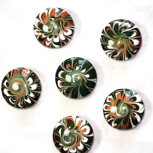 Hand Painted Wooden Knobs Metallic Green Copper White Swirls Resin Finish Set of 6
