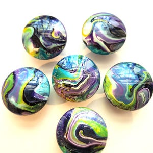 Hand Painted Knobs Purple White Blue Turquoise Yellow Swirl Resin Finish Set of 6