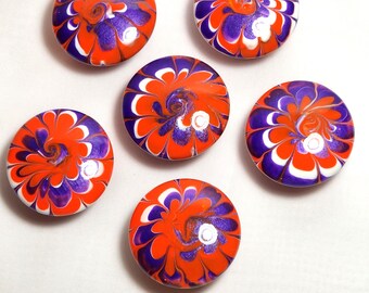 Hand Painted Wooden Cabinet Knobs Swirling Flower Purple Orange Resin Art Set of 6