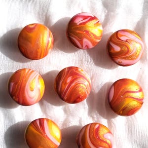 Hand Painted Wooden Cabinet Knobs – Set of 8 – Orange Pink Gold Swirl Resin Hardware
