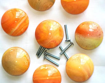 Hand Painted Knobs Orange Yellow  Swirling Resin Finish Set of 8