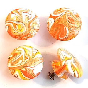 Hand Painted Wooden Cabinet Knobs Metallic Orange White Tangerine Yellow Decorative Hardware