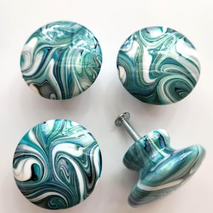 Ocean wave coastal hand painted wood knobs with resin swirling teal mint white aqua peal green and blue cabinet pulls
