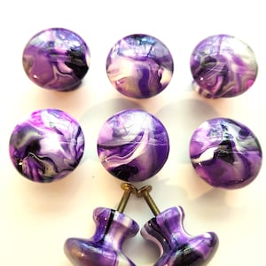 Amethyst Purple Fluid Art Wood Knobs Luxury Crystal Resin Cabinet Pulls Hand Painted Swirl Statement Dresser Hardware set of 8