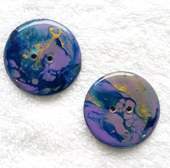 Hand Painted Wood Button Acrylic Blue Lavender Metallic Turquoise