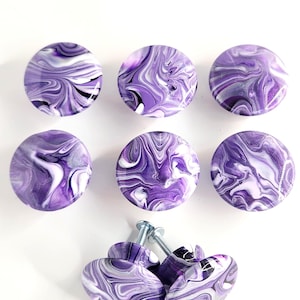 Set of 8 Hand Painted Fluid Art Wood Knobs Amethyst Purple Silver Agate Geode Series Resin Cabinet Pulls Dresser Hardware