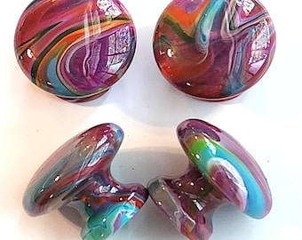 Hand Painted Wooden Cabinet Knobs Swirling Fluid Art Hardware-Maroon Blue Rainbow