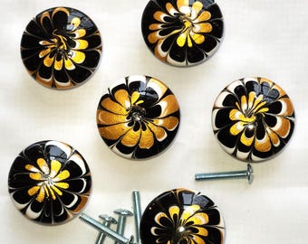 Hand Painted Cabinet Knobs Black Gold White Swirl Flower Resin Finish Hardware Set
