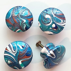 Coastal Ocean Blue Fluid Art Wood Knobs Luxury Turquoise Resin Cabinet Pulls, Hand Painted Sea Swirl Statement Dresser Hardware