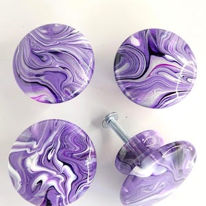 Hand Painted Fluid Art Wood Knobs Amethyst Purple Silver Agate Geode Series Resin Cabinet Pulls Dresser Hardware